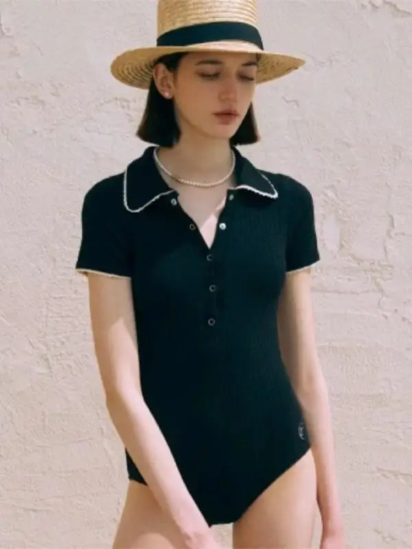 Traje de Baño de una Pieza Nuevo para Mujer, Sexy, de Manga Corta, con Cuello, Ne, Conservador, Cubre y Adeaza, para Vac...