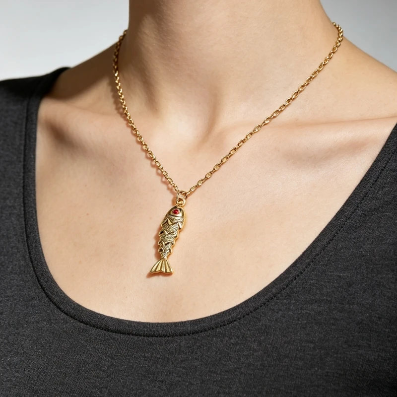 New Retro Antique Gold Color Fish Pendants Necklaces for Women Gold Color Chain Minimalist Thin Links Fashion Neck Jewelry