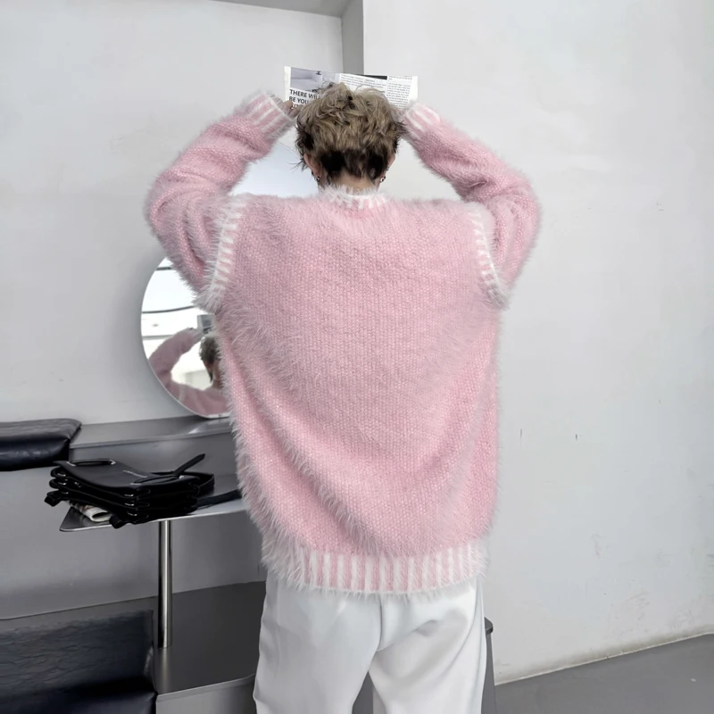 2025 Winter New Trendy Knitted Sweaters Men Women Loose Comfort Chic Pullover Knitwears Contrast Color Long Sleeve Handsome Tops