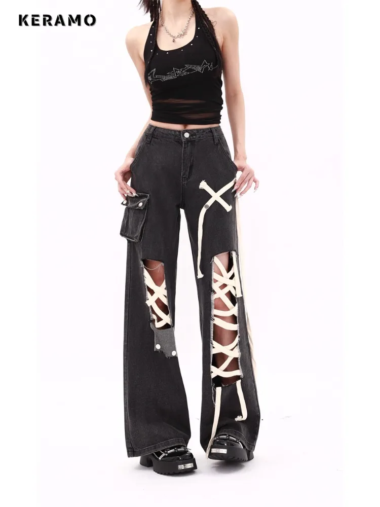 

2024 Summer Women's Casual Sexy Harajuku Jeans Vintage Aesthetic Hollow Out Washed Pants Y2K Wide Leg Punk Baggy Denim Trouser