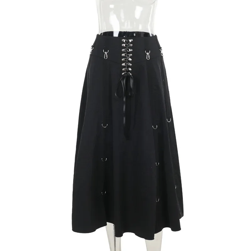 Goth Dark Acubi Fashion Black Swing A-line Skirt Punk Grunge Metal Buckle Streetwear Bandage Skirts Mall Gothic Alt Clother