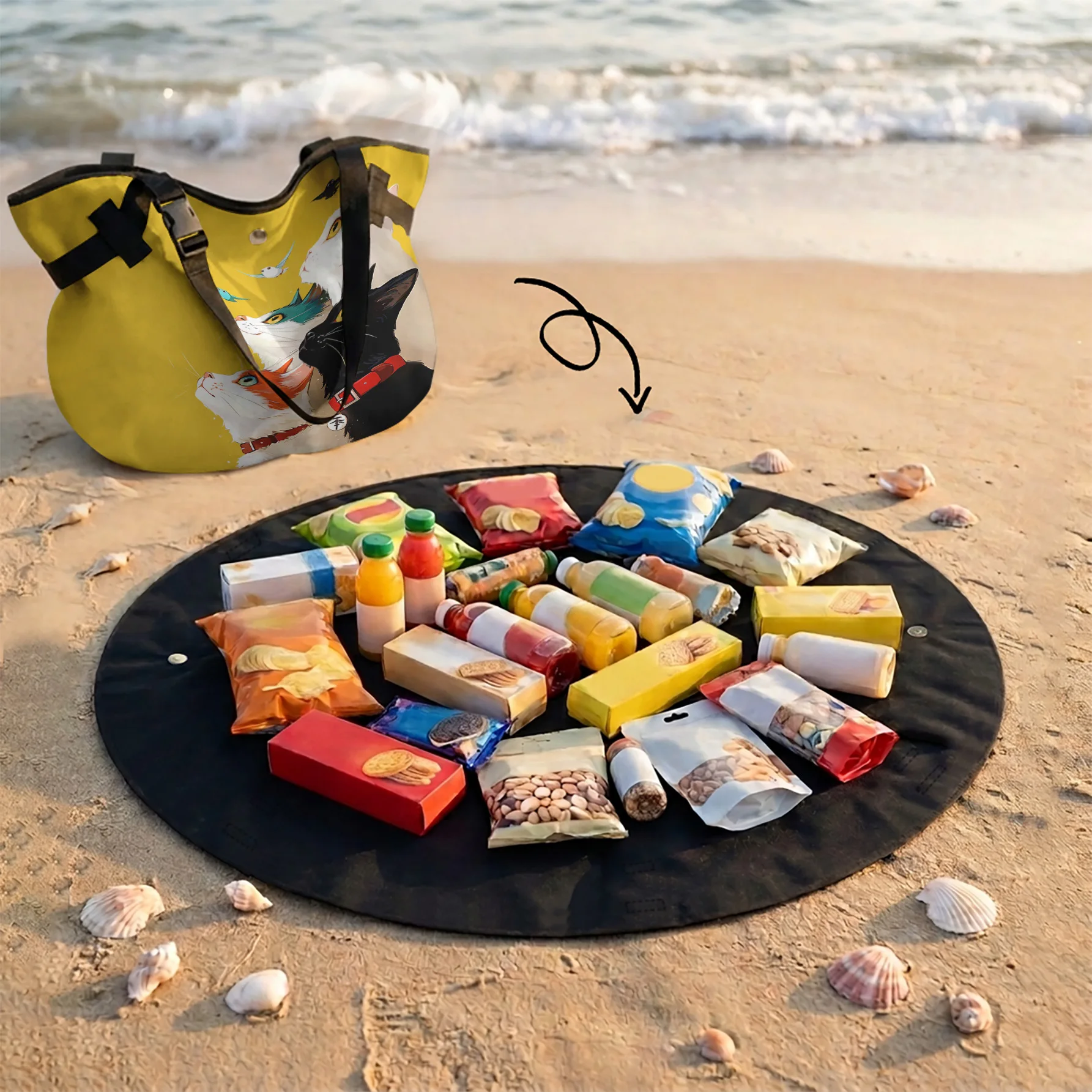 Colorful Cats Watching Birds Print 2 In 1 Tote Bag & Picnic Mat, Waterproof Foldable Mat For Camping Beach Travel