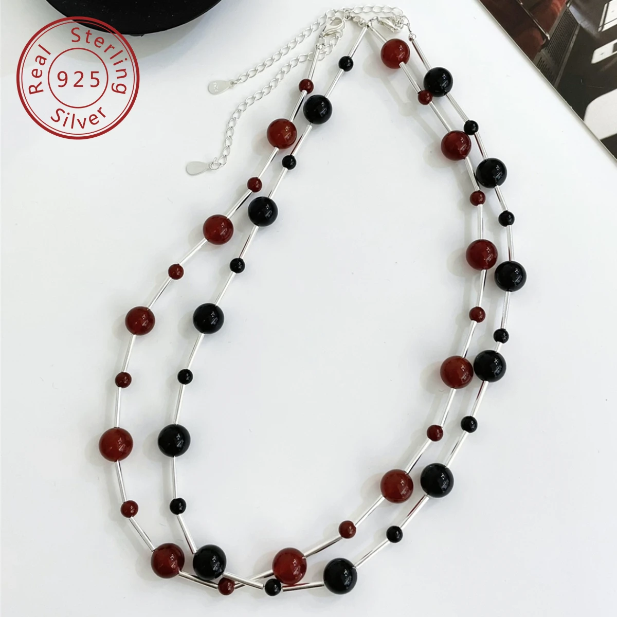 925 sterling silver gradient red black agate silver tubed necklace