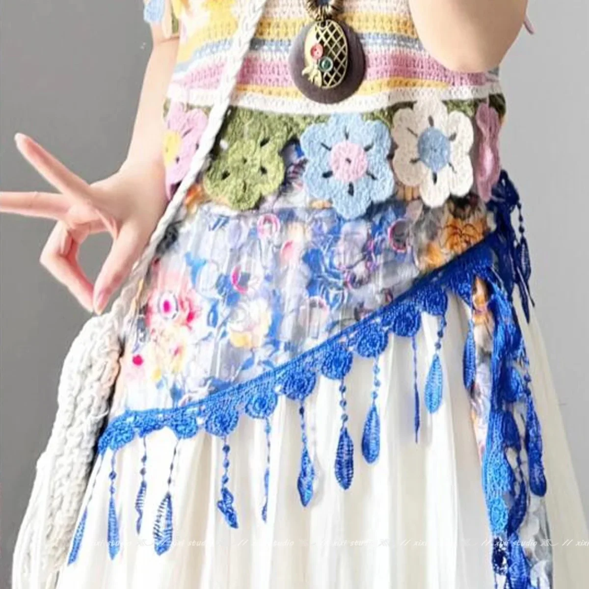 Sapphire blue fringed triangular waist towel Bohemian stacked lace fart curtain with skirt, pants waist, new accessories