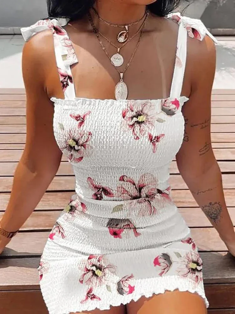 Verano Sexy ceñido al cuerpo paquete caderas vestido envolvente mujeres Casual sin mangas con cordones moda Floral Mini vestido mujer vestido veraniego ajustado