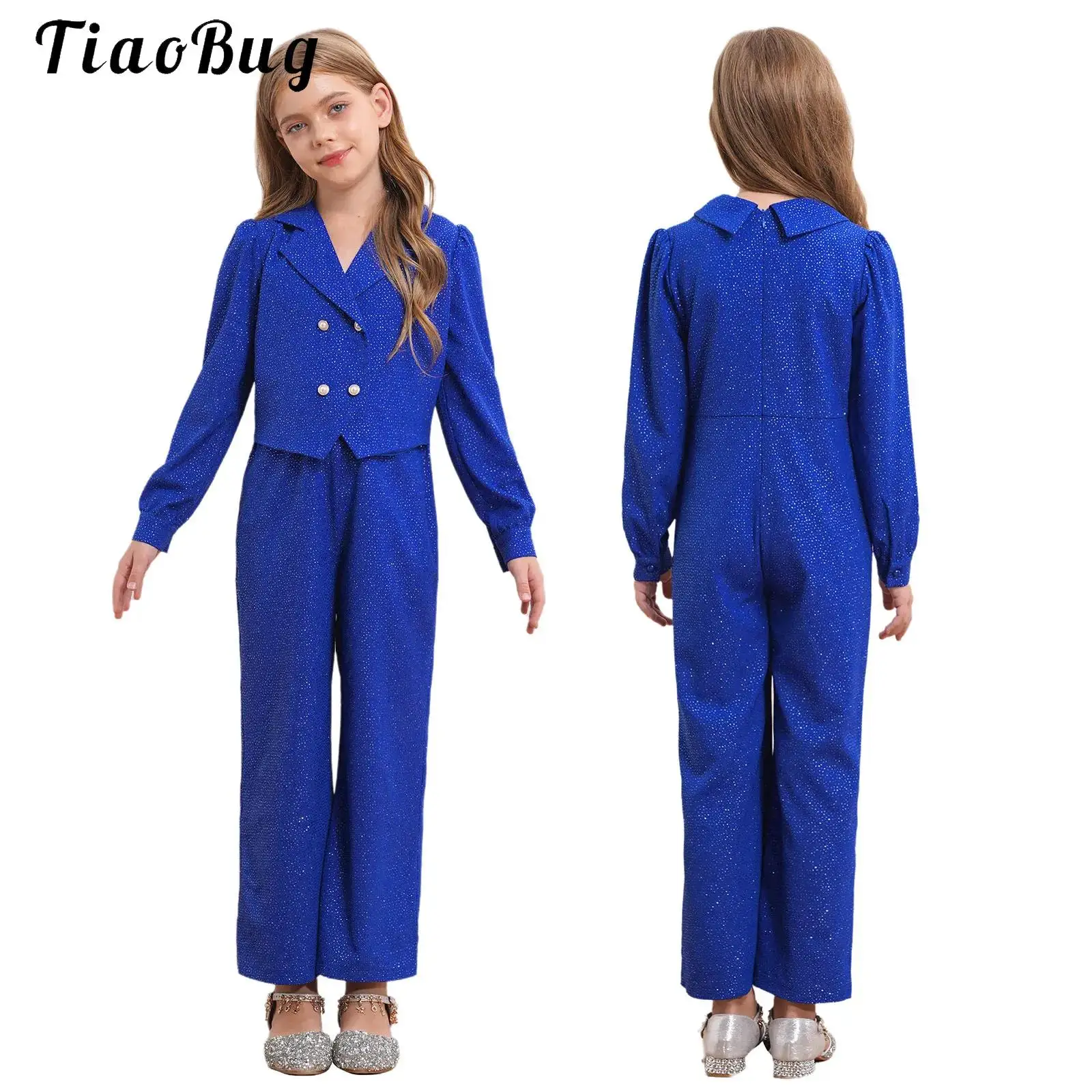 

Girls Button-down Tuxedo Jumpsuit One-Piece Lapel Long Sleeve Elegant Evening Wedding Party Overalls Kid Formal Bodysuit Outfit