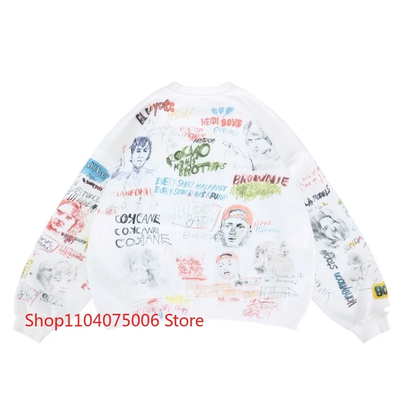 الفن الكتابة على الجدران الأبيض Crewneck البلوز هول المتعثرة للجنسين عارضة الشارع الشهير الرياضية