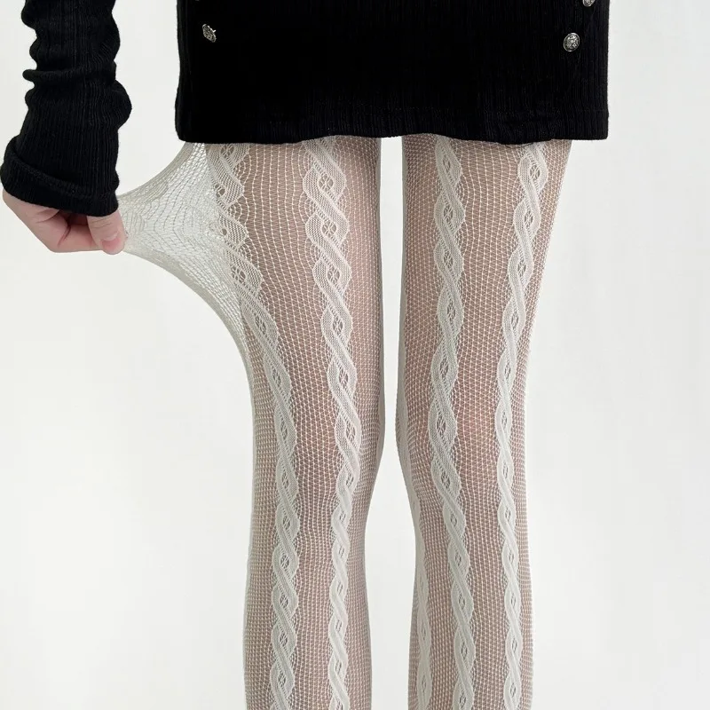 New Plait Pattern Sexy Fishnet BodyStockings Women Mesh Hosiery Hollowed-out Lace Pantyhose Vintage Jacquard Base Layer Tights