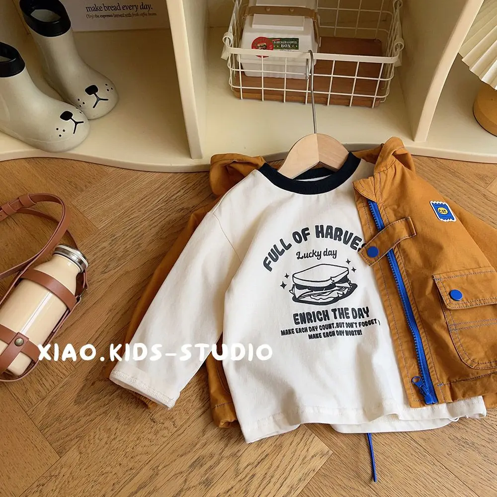 2025 New Spring Retro Children's Hand Drawn Style Versatile Long Sleeved T-shirt Round Neck Base Shirt Neutral Style