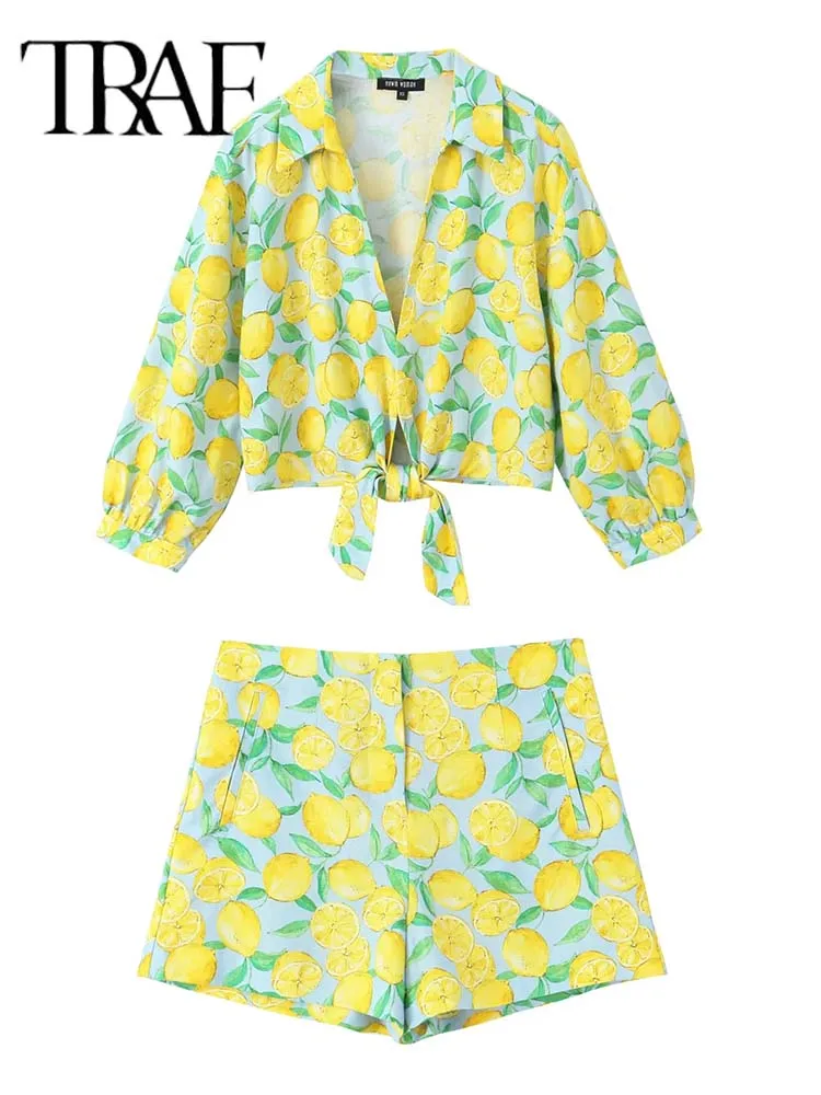 TRAF Women 2 Piece Set Summer Print Lace Up Shirt Casual Beach Short Top+High Waist Shorts Sets For Two Pieces Women Outfit