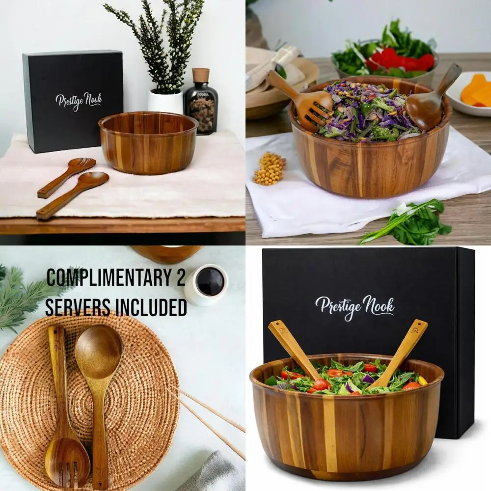 

Большая салатница из акации (12 x 5 дюймов) с ложками для подачи, идеально подходит для фруктов и салатов, идеальный подарок на новоселье или свадьбу