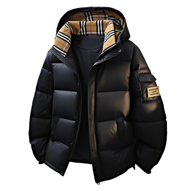 

2025 New Black Gold Quilted Puffer Coat Oversized Checkered Old Money Style Hooded Warm Fashion Loose Short Down Jacket
