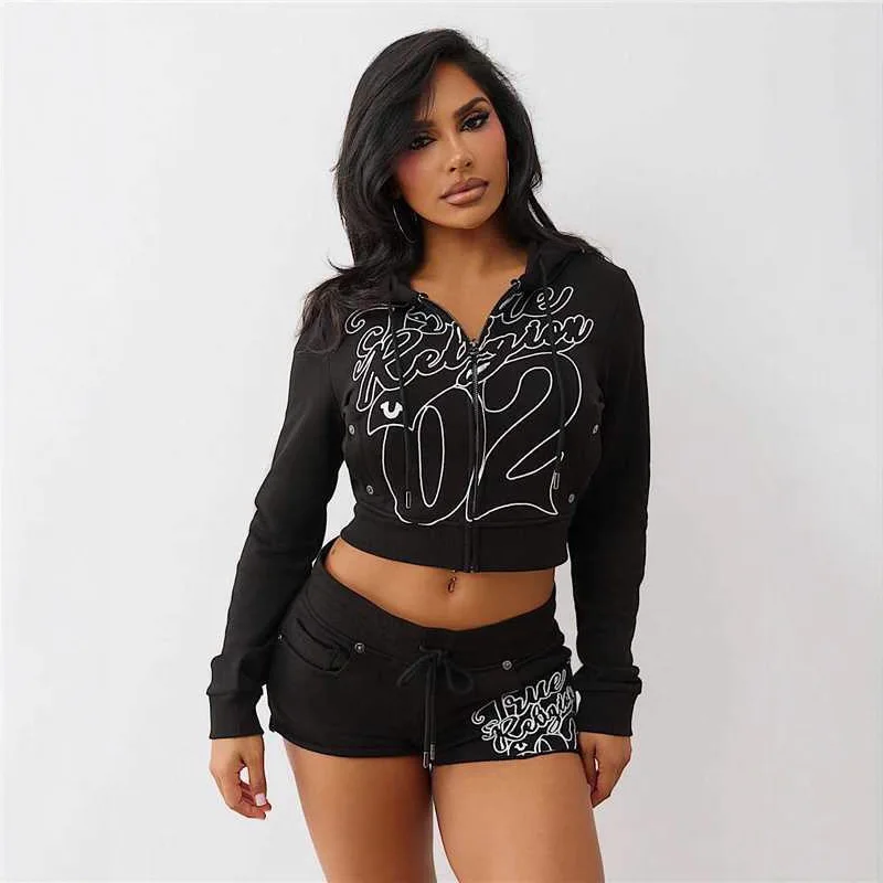 

Fitness Women 2 Piece Set Letter Printed Zipper Fly Crop Coat Slim Shorts Matching Set 2025 Autumn Streetwear Sporty Tracksuits