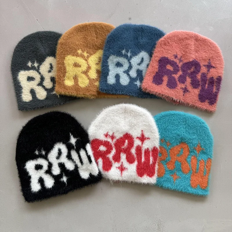 Y2K Jacquard Beanies Letter Beanies Man Fluffy Plush Caps for Men Women Auutmn Winter Edgy Knit Hip Hop Keep Warm Ear Caps Male