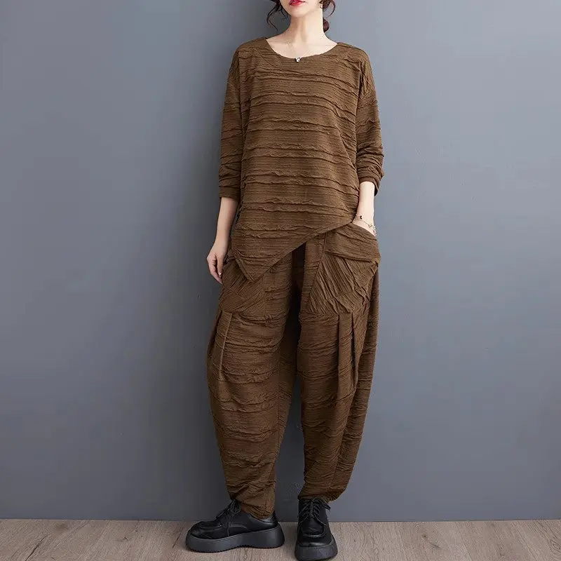 Literary And Casual Irregular Top + Fashion Big Pocket Harem Pants Two Piece Set Loose Versatile Tracksuit Outfits Women Z3989