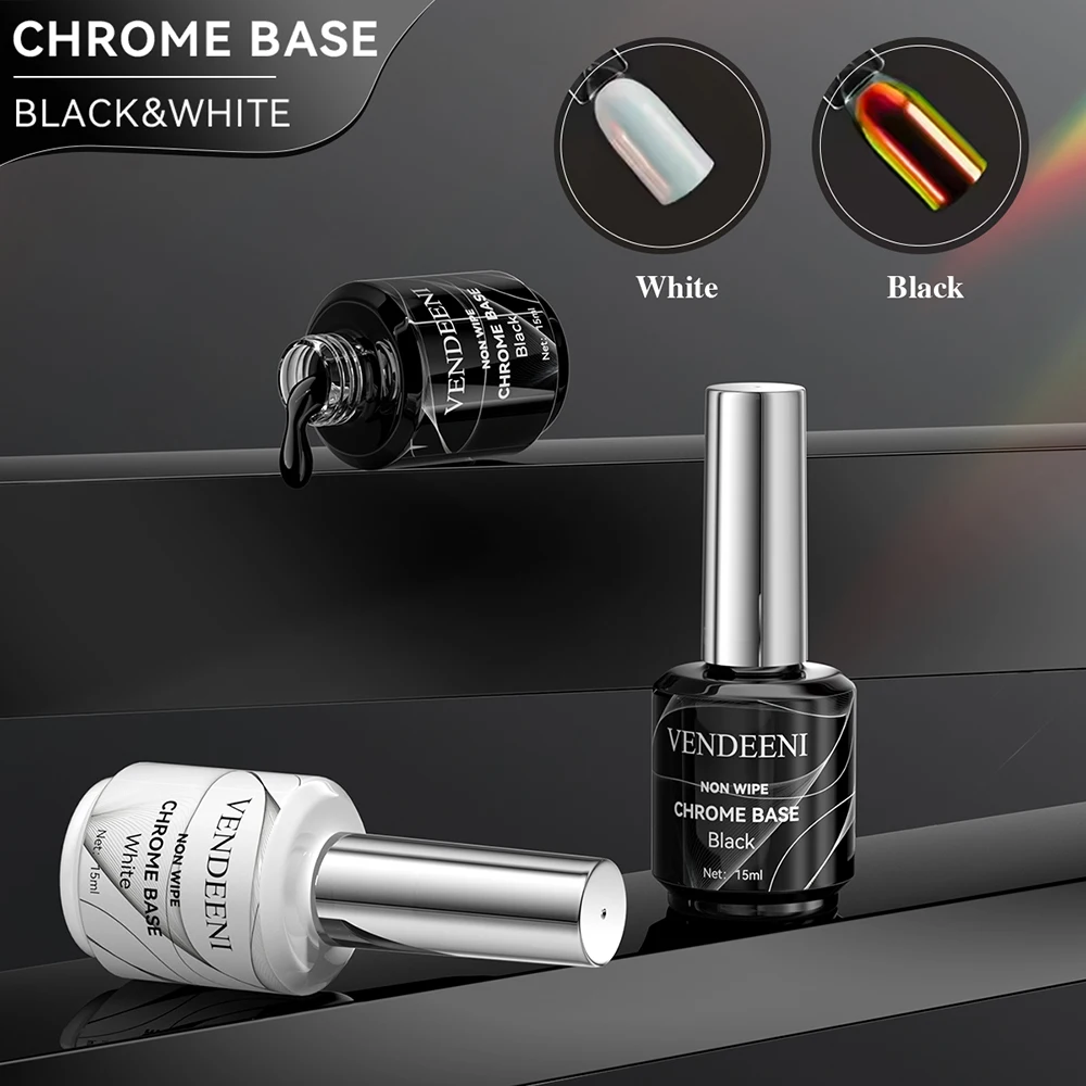 Vendeeni Black White Chrome Powder Base Gel Nail Polish No Wipe High Gloss Mirror Shine Gel Varnish Long Lasting UV Soak Off Gel