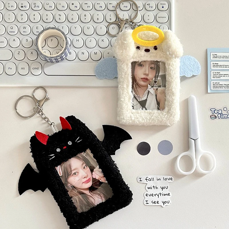 Soft Plush Cartoon Photocard Holder Animal Series 3 Inch Kpop Photo Card Holder Angels And Demons Bag Pendant School Stationery