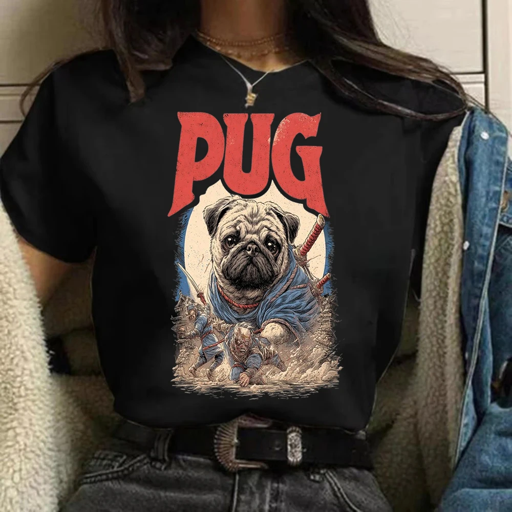Sommer Damen Cooles T-Shirt mit Aufdruck Mops-Hund Grafik-T-Shirts Kurzarm Lässiges Lustiges Tier-Hunde-T-Shirt Streetwear Y2k – Detail 2