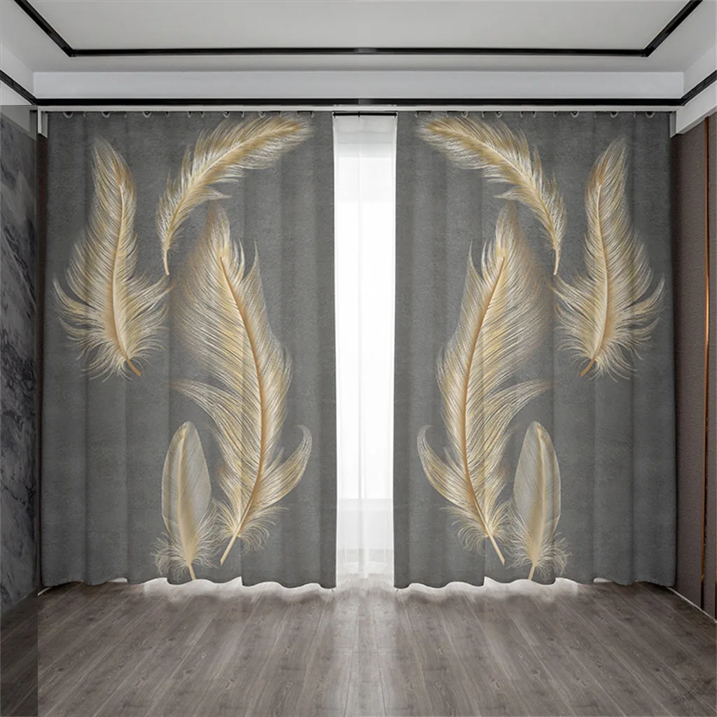 

Light luxury feather pattern 3D eco-friendly printed curtain Home office decorative curtain 90g polyester fiber two panels