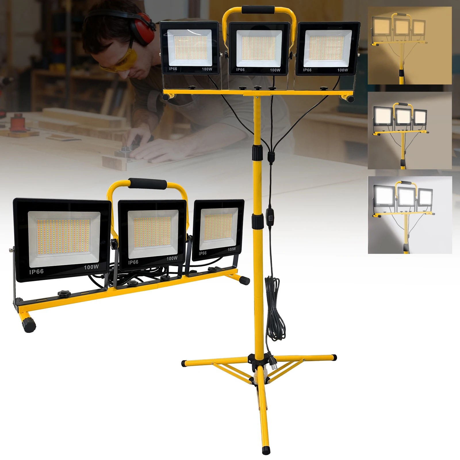 

3 Head LED Work Light Tripod Stand 3 Color Changing IP66 Waterproof Bright Flood Light for Construction Photography Video