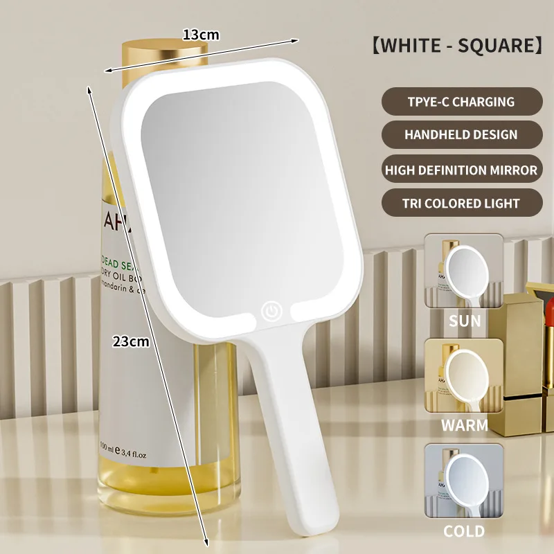 Fill Light LED Makeup Mirror Square/Round 3 Color Dimmable Lights Lighted Hand Mirror Compact Hand-held Cosmetic Mirror Pocket