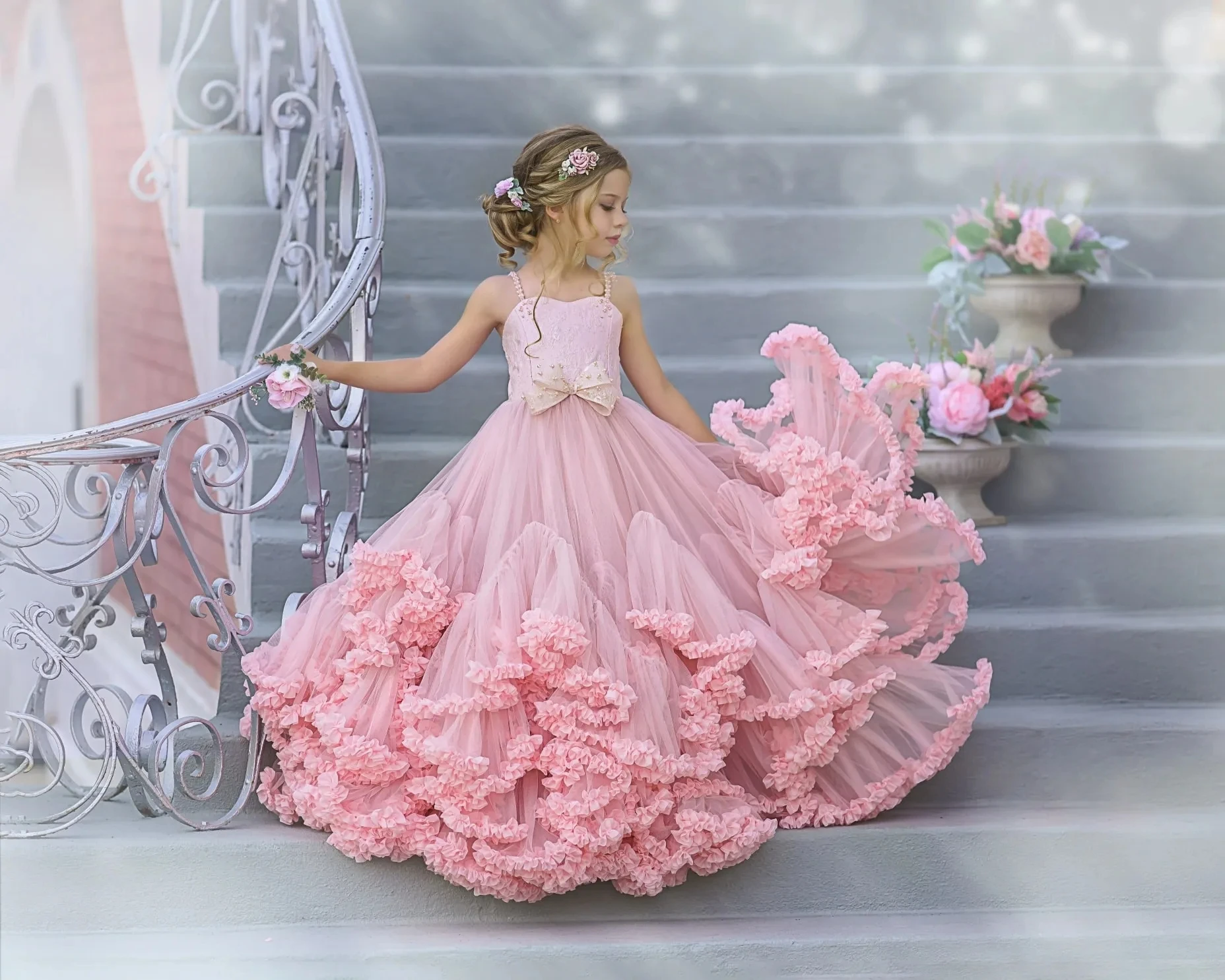 Pink African Flower Girl Dresses Ball Gown Spaghetti Straps Lace Ruffles Baby Little Girl Peageant Dress Gowns Customized