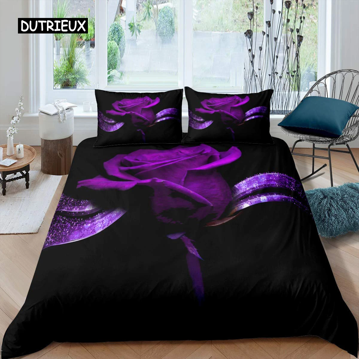 

Rose Duvet Cover Set Women Chic Purple Floral Print Bedding Set Romantic Flowers Glitter King Size Comforter Cover for Couples