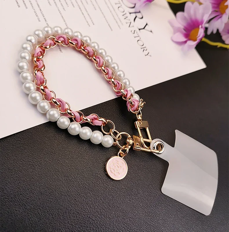 

26cm Leather Pearl Camellia Mobile Phone Charm Bracelet Chain Anti-lost Universal Cell Phone Strap Rope Pendant Metal Key Chain