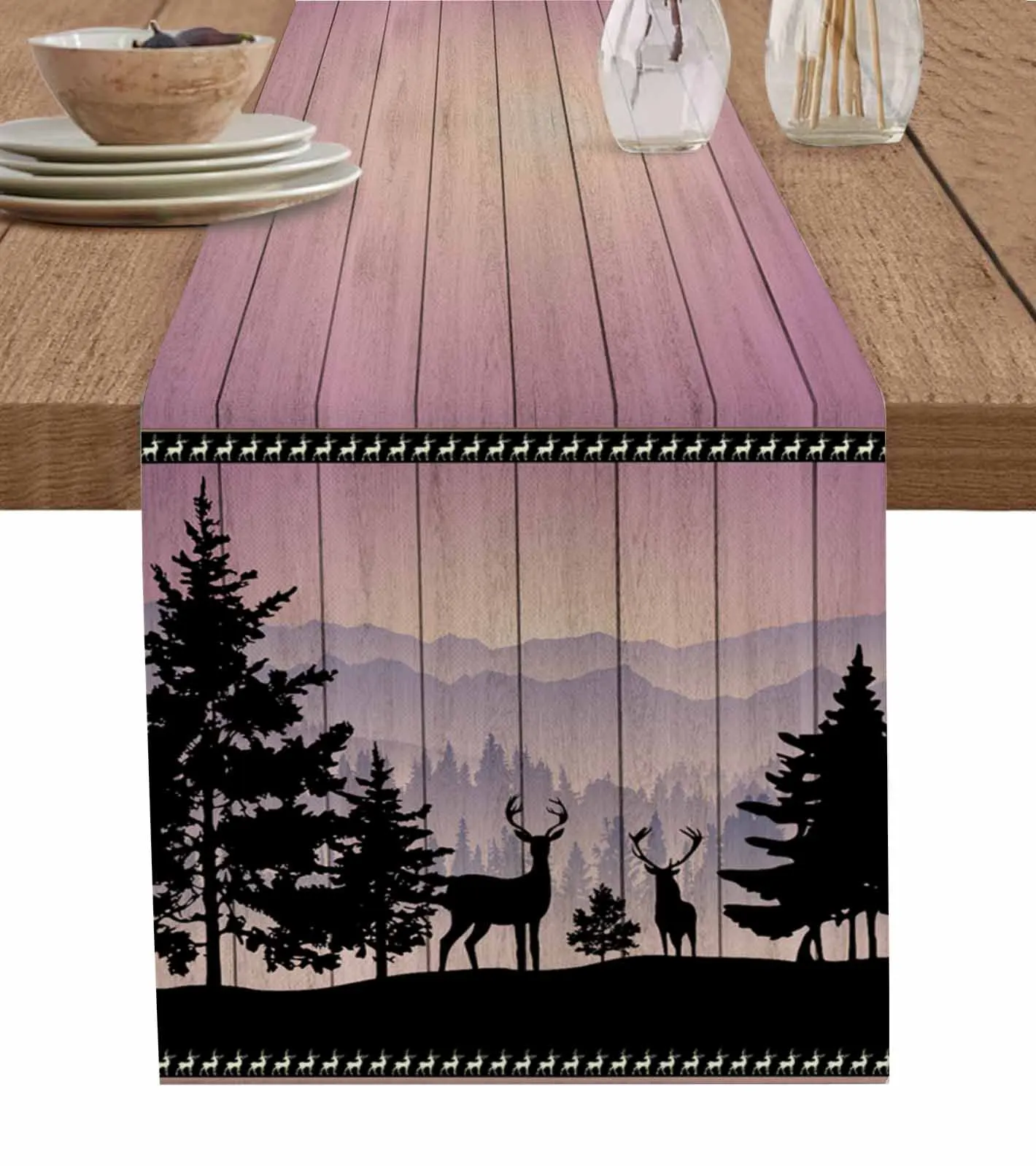 Forest Silhouette Deer Animal Moon Table Runners for Wedding Party Kitchen Dining Table Decor Coasters Home Tablecloth Table Mat