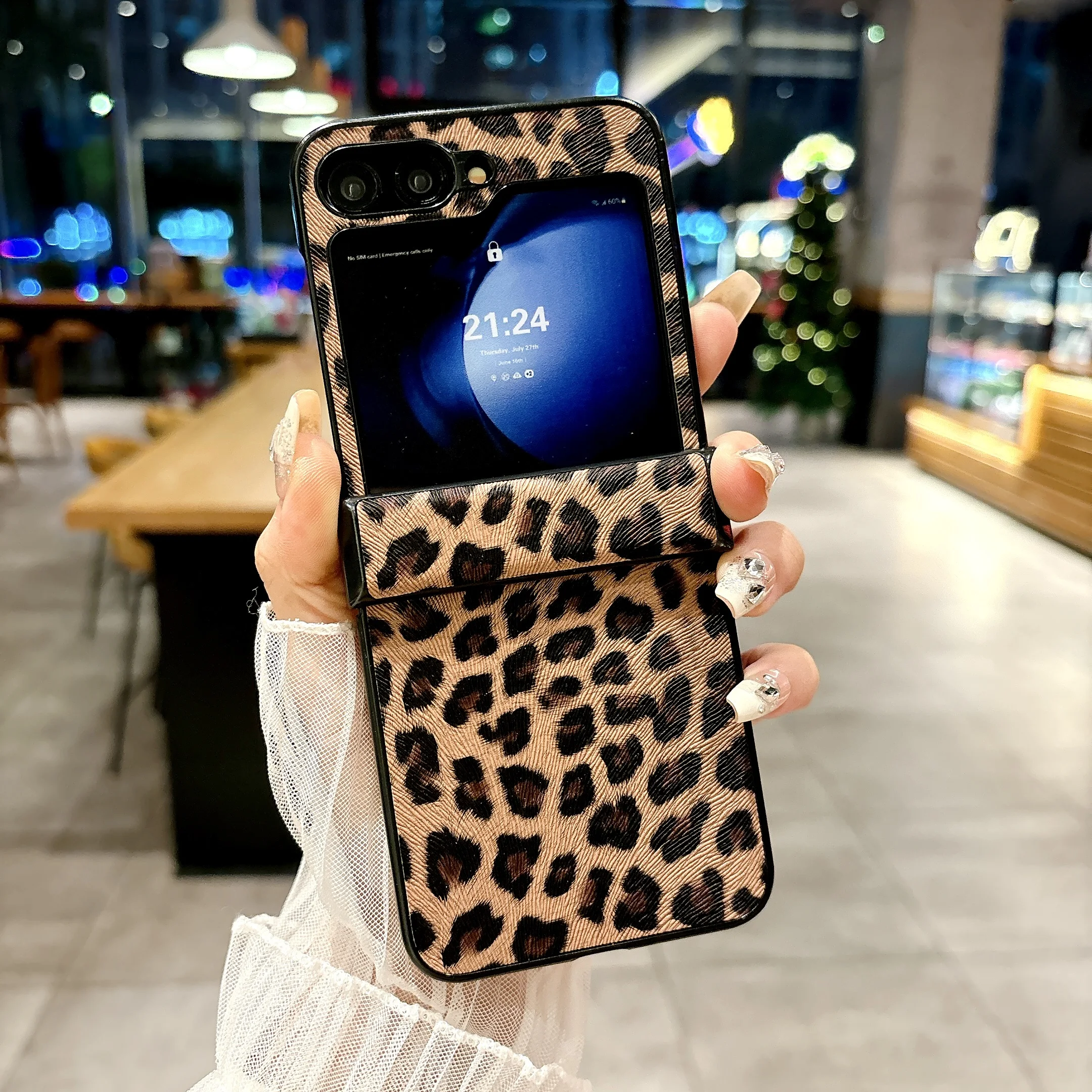 Luxury Leopard Grain Leather Plastic Folding Case For Samsung Galaxy Z Flip 3 4 5 6 Cover