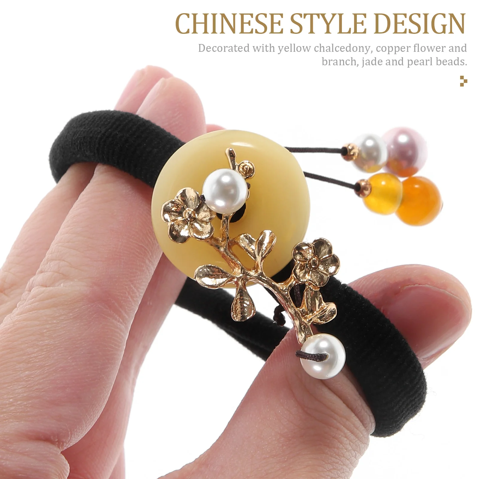 

1pc Elastic Tie Vintage Hair Rope Yellow Chalcedony Decor Hanfu Headwear Hair Loop Rubber Band For Wedding Daily Use