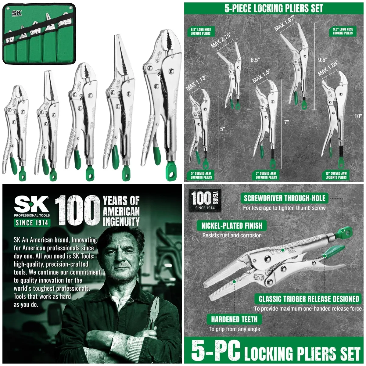 

5-Piece Locking Pliers Set, Long Nose & Curved Jaw, CR-V Steel, Ergonomic Handles, Ideal for Welding or Assembly, Includes Pouch