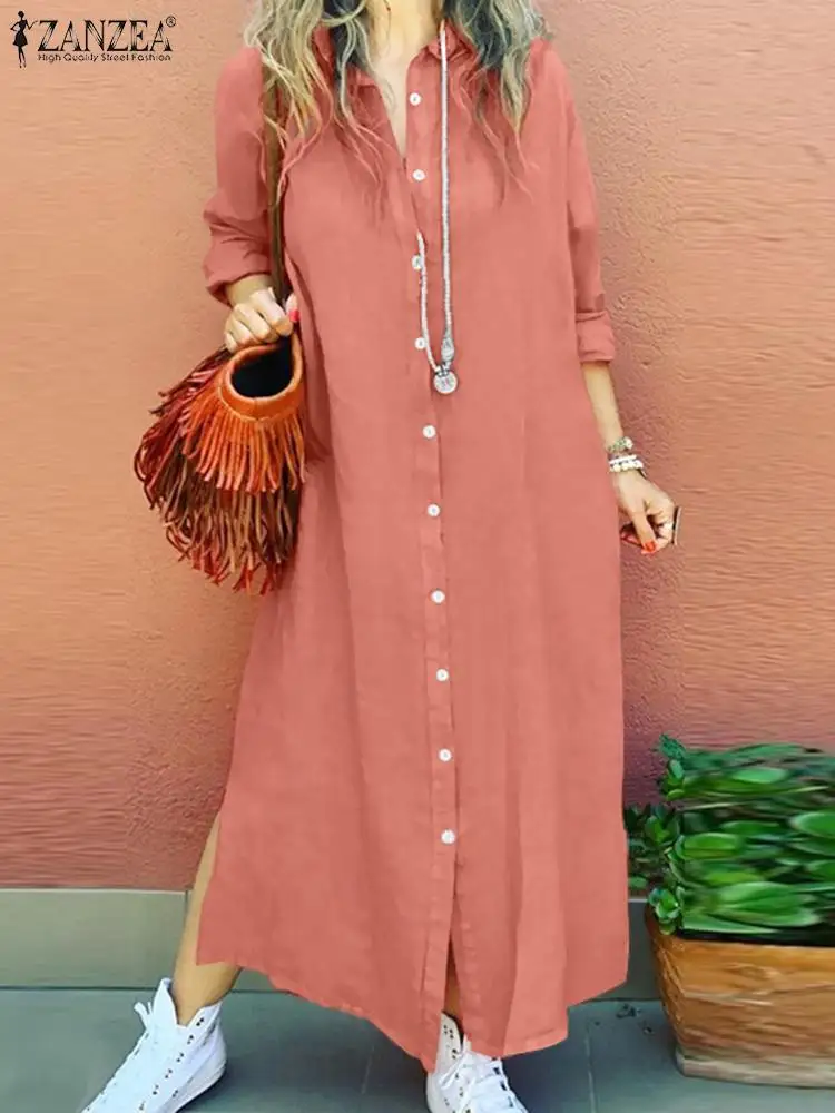 ZANZEA Stylish Women Long Shirt Dress Autumn Lapel Neck Long Sleeve Kaftan Sundress Robe Femme Solid Buttons Down Work Vestidos