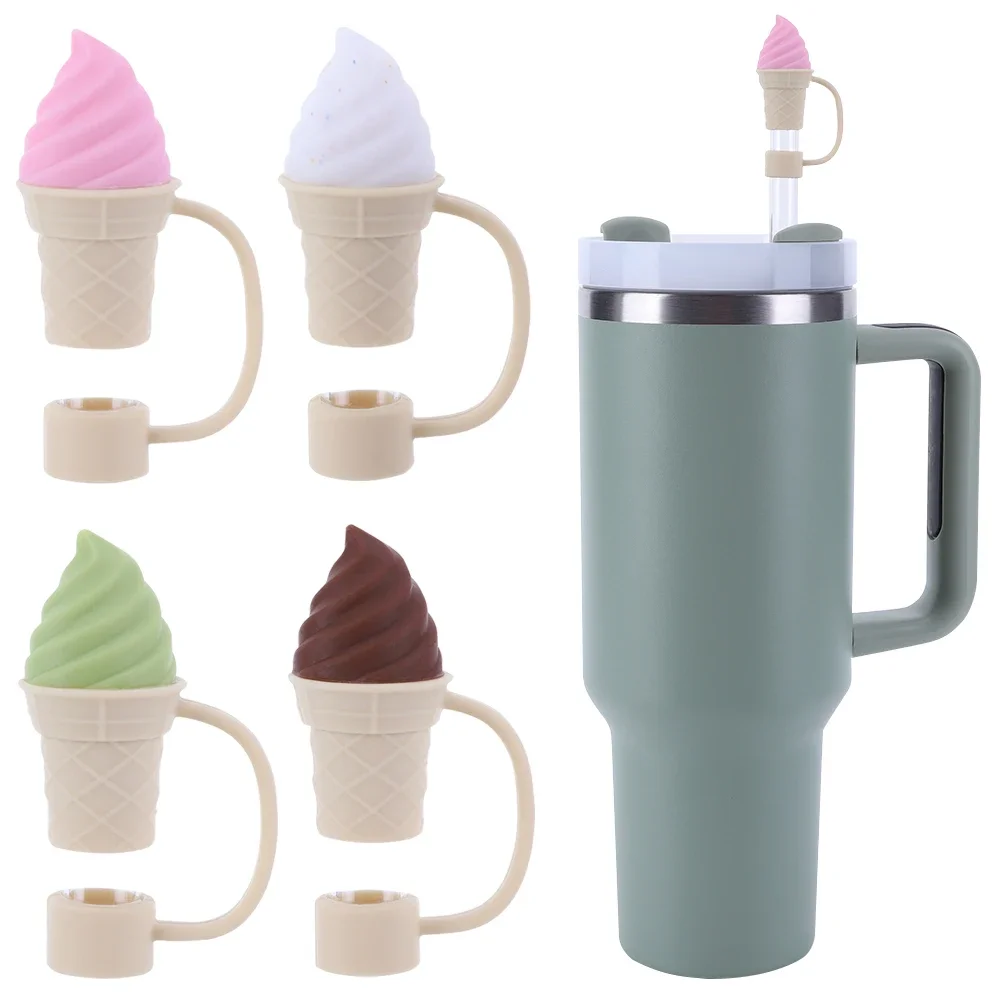 

4Pcs Silicone Cute Straw Tips Protectors 10mm Kawaii Ice Cream Straw Toppers Reusable for Stanley 30/40oz Tumbler Accessories