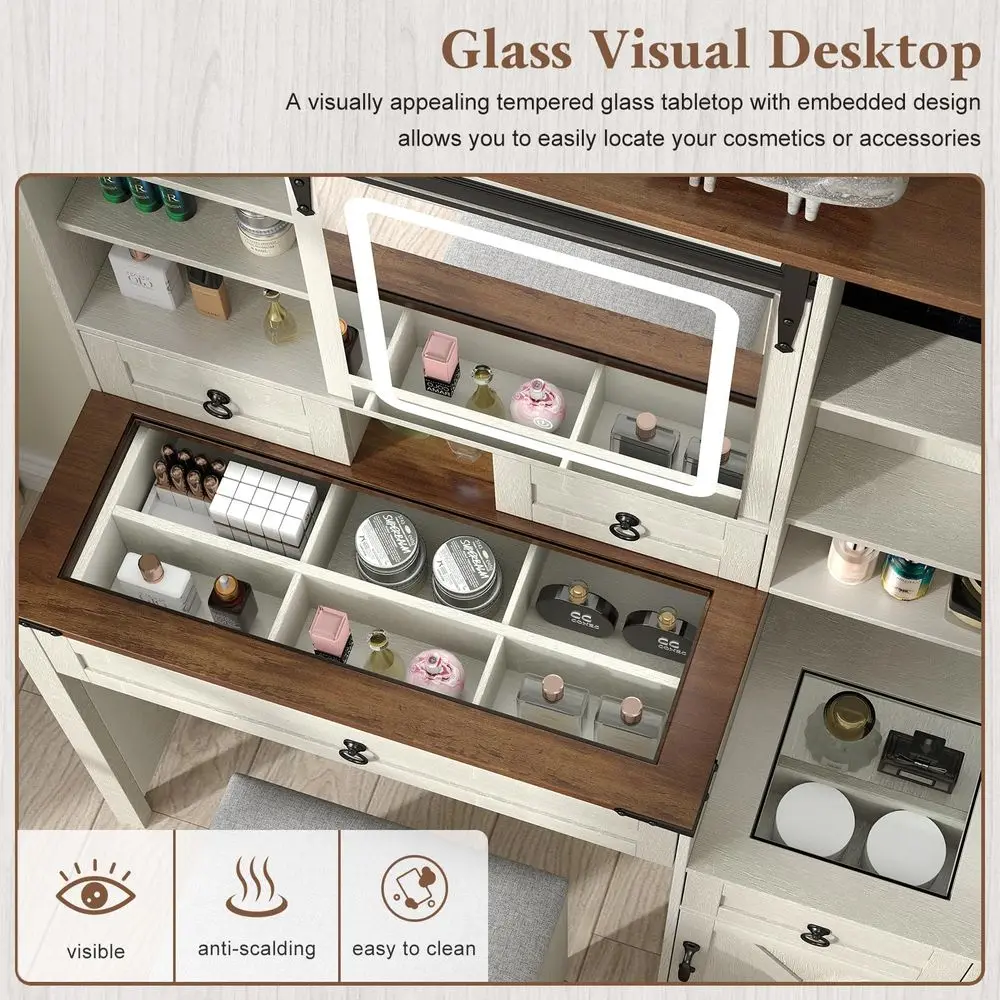 Makeup Vanity Desk with Sliding Mirror and Lights, 42 Glass Top White Vanity Set with Charging Station amp 4 Drawers amp 2 Cabi