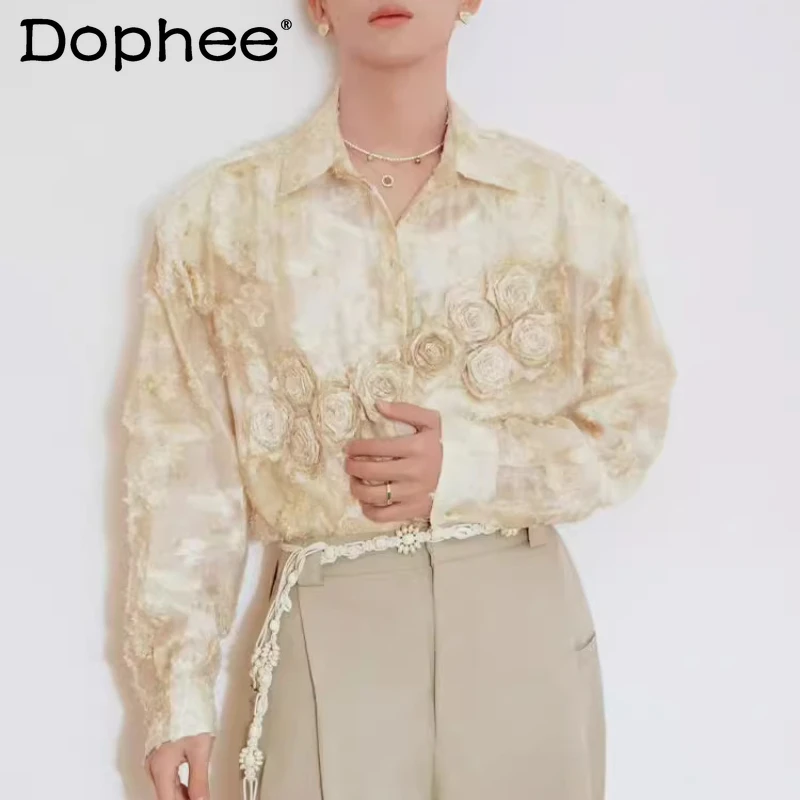 

2025 Men Women Four Seasons Wear Cotton Shirts Trend Three-Dimensional Handmade Rose Jacquard Light Luxury Top Long Sleeve Shirt