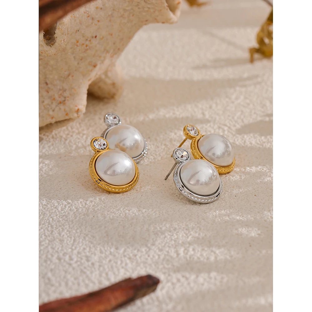 Yhpup Waterproof Korean Style Zirconia Imitation Pearls Stud Earrings Stainless Steel Elegant Daily Classic Fashion Jewelry