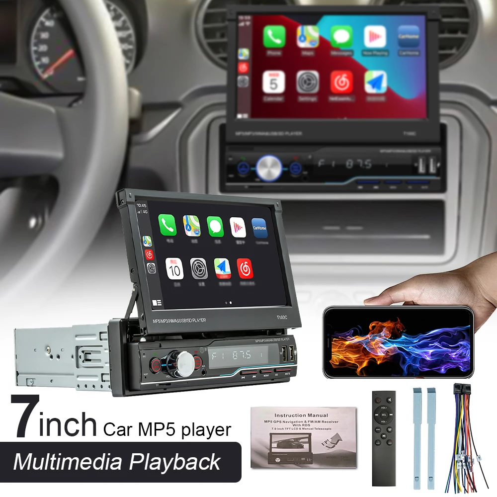 

1 Din Apple Carplay Car Radio Retractable Screen Android-Auto Bluetooth Handsfree Mirror Link MP5 Player USB TF Head Unit T100C