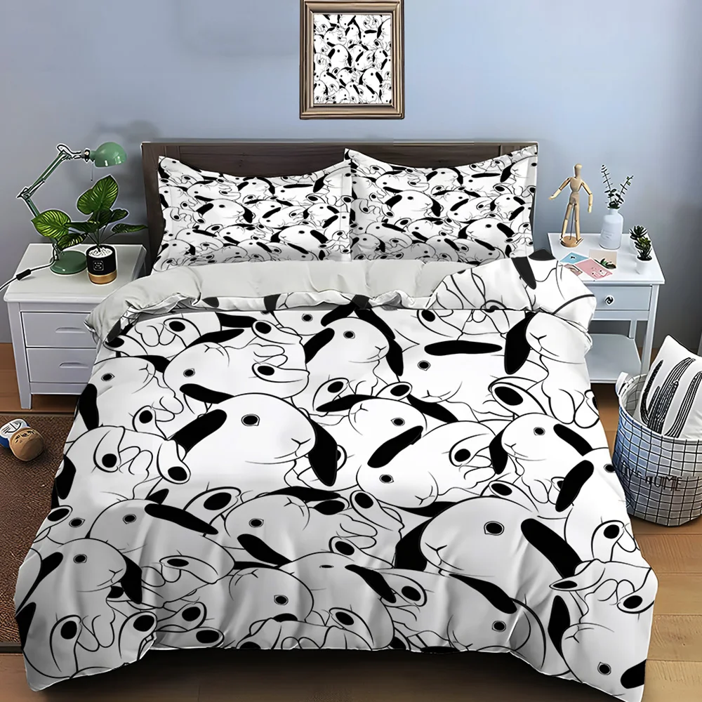 Black and white rabbit illustration Bedding Set for Kids Luxury Gift 3pc Digital Print Comforter Set Soft Comfortable Breathable