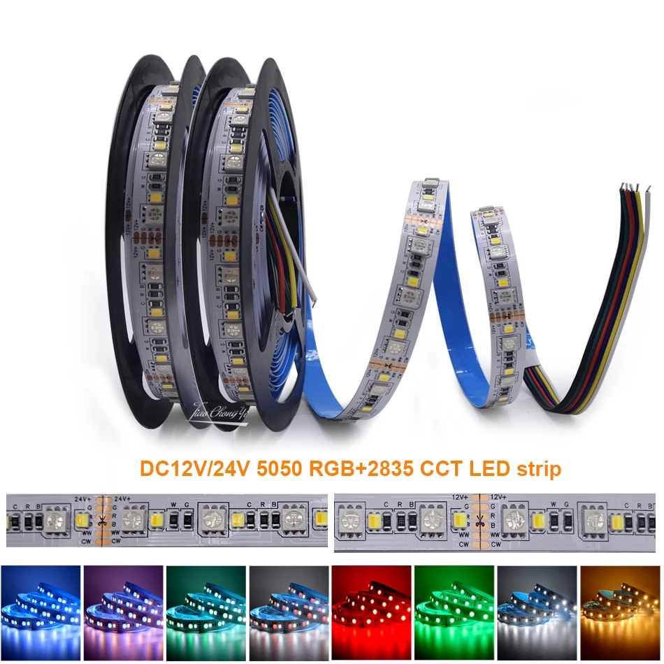 

5m RGBCCT LED strip light 120LEDs/m DC12V/24V 5050 RGB 2835 CCT 2in1 warm white /white Flexible Stripe Room Decor IP30