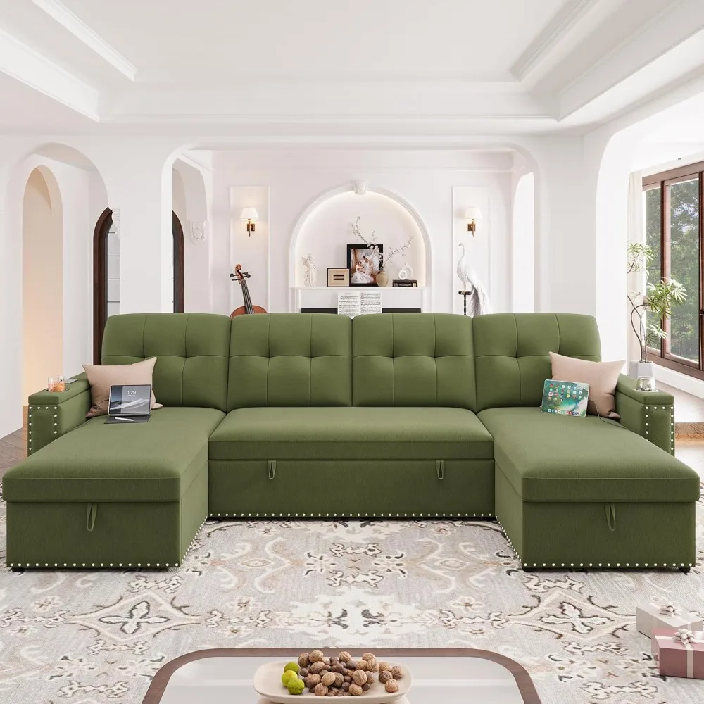 

112 Inch Living Room Sectional Sofa with LED Light, USB Port, Cup Holder, Modern Velvet U Shape Sofa Living Room Furniture Set