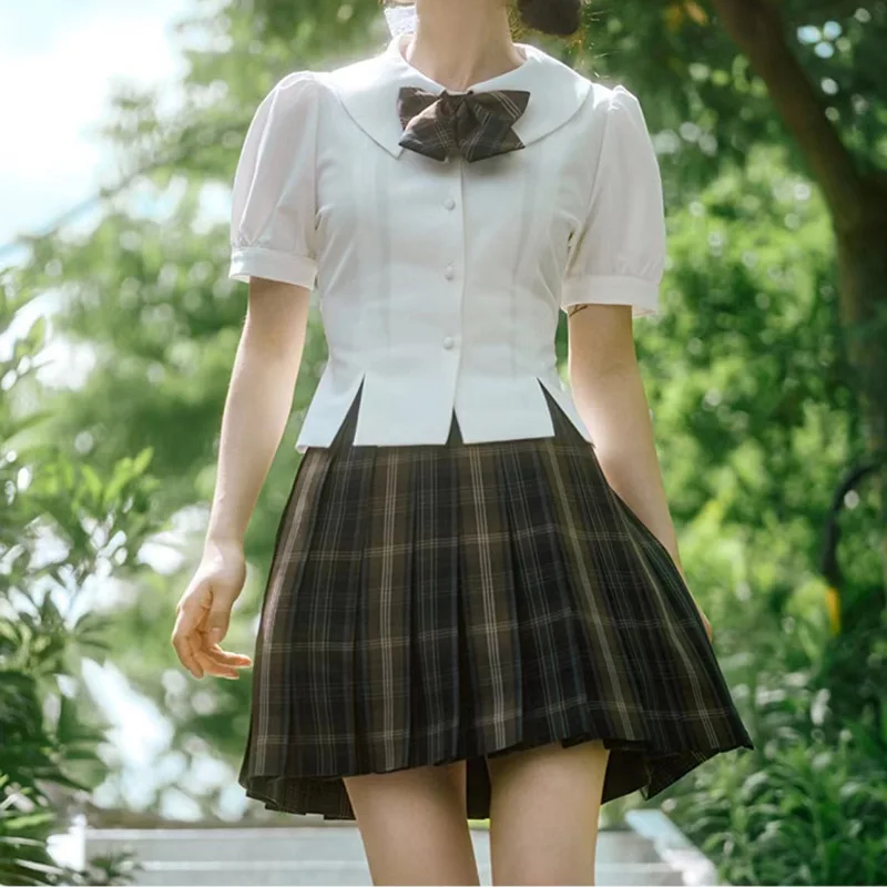 Adult Female Japanese School Dresses Costume Girls JK Uniform Shirt Summer Short Sleeves Tops Waist Back Rope Straps Tight Thin