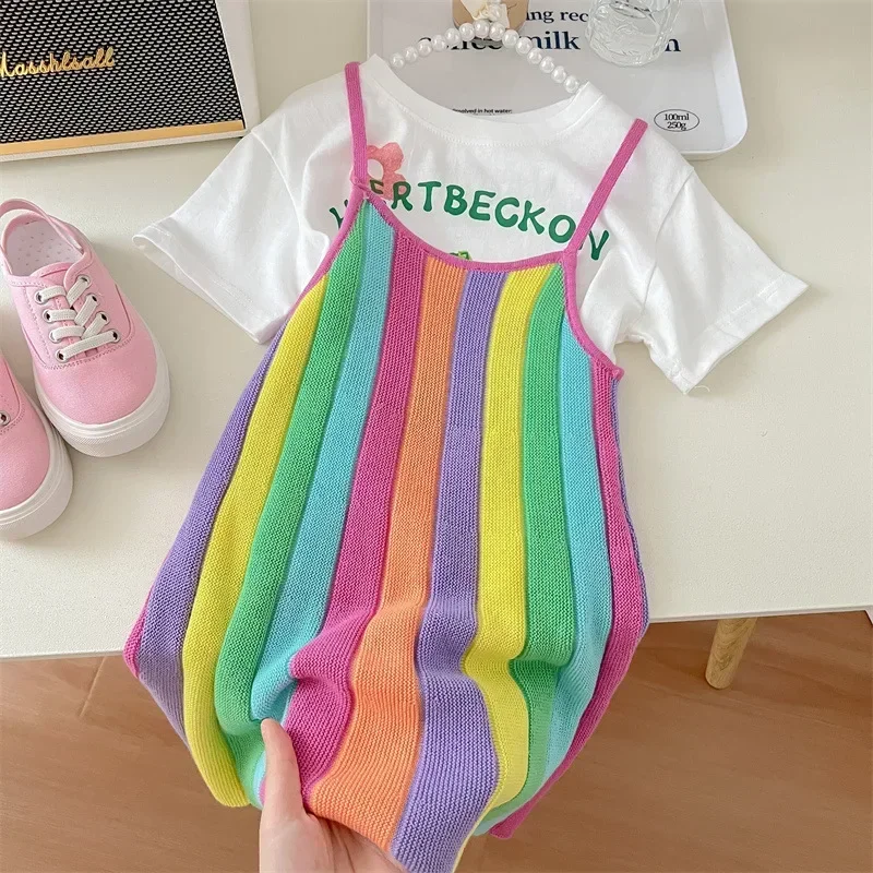 New Korea Summer Kids Clothes for Baby Girls Cute Rabbit T-shirt + Rainbow Knitted Dress 2-piece Set Kawaii Skirt Sets Boutique