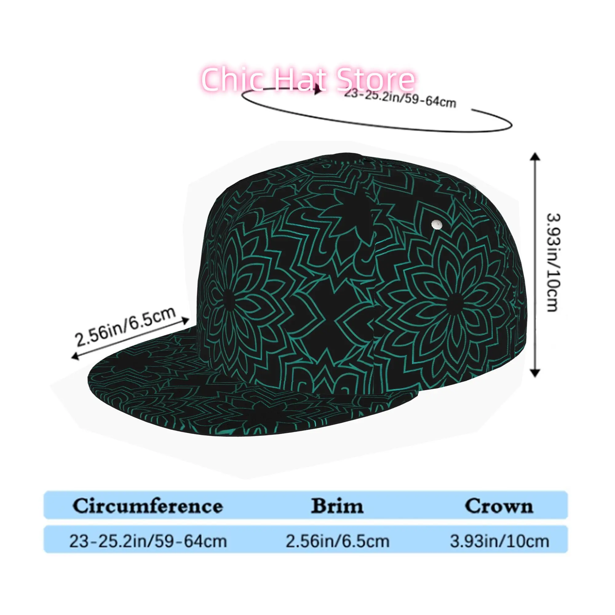 Men' Minimalist Teal Mandala Snapback Hat - Adjustable Flat Brim Baseball Cap with All-Over Print, Lightweight Suitable for Skat