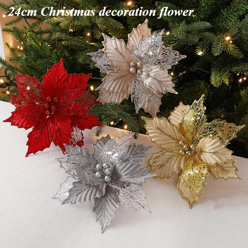 

24cm Christmas Decoration Flower/cloth Simulation Christmas Flower Mixed Maple Leaf Type Party Christmas Tree Decoration Flowers