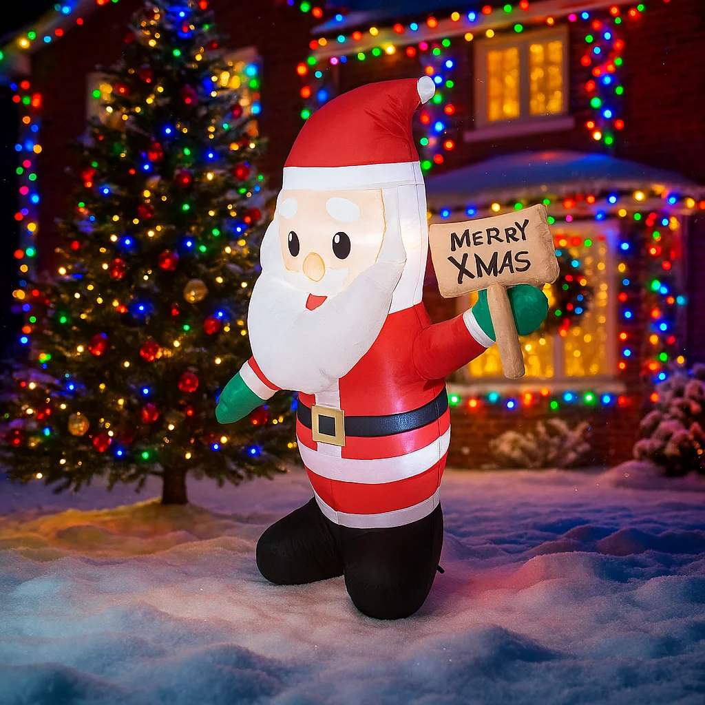 1.2M/3.9FT Inflatable Santa Claus Holding Sign Lights LED Home Decorations Toys Yard Xmas Decor Outdoor Inflatable Decorations
