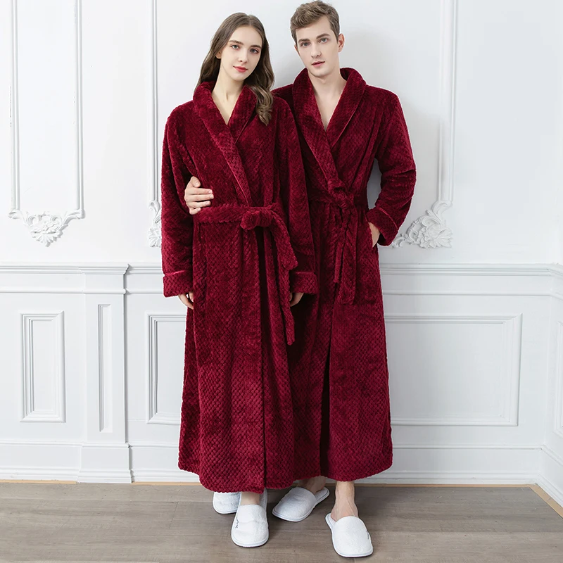 Women Extra Long Thermal Jacquard Flannel Bathrobe Winter Warm Plus Size Zipper Bath Robe Pregnant Dressing Gown Men Sleepwear