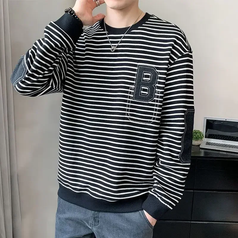 Stripe Tops for Men Luxury 2024 Male T Shirts One Piece Clothes Regular Fit Cotton Tee Korean Pullover Autumn F A Xl Sweatshirts