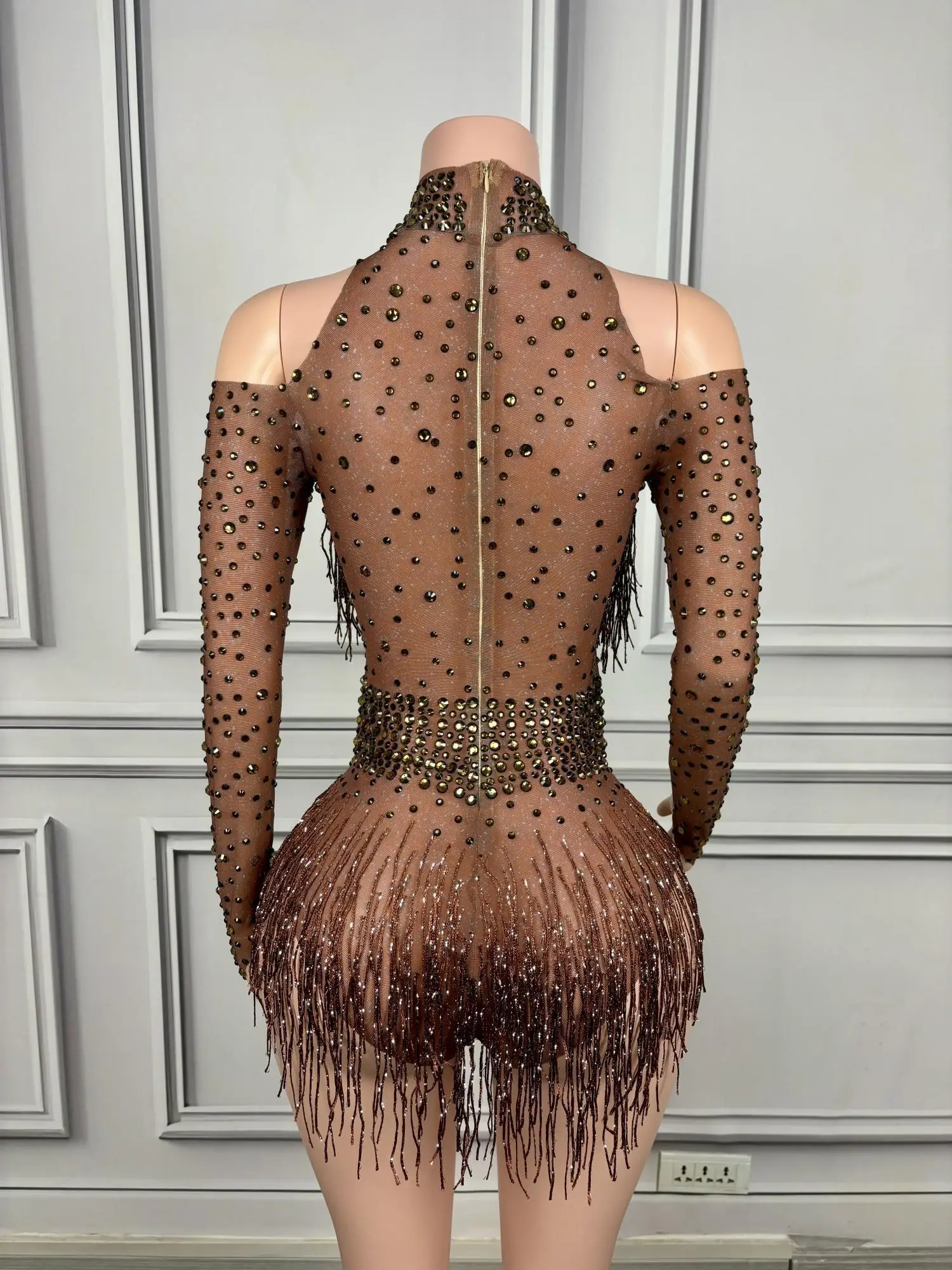 Strass brilhantes borla manga comprida bodysuit feminino elastano desempenho traje clube cantor dançarino mostrar sexy bodysuit nvtuan