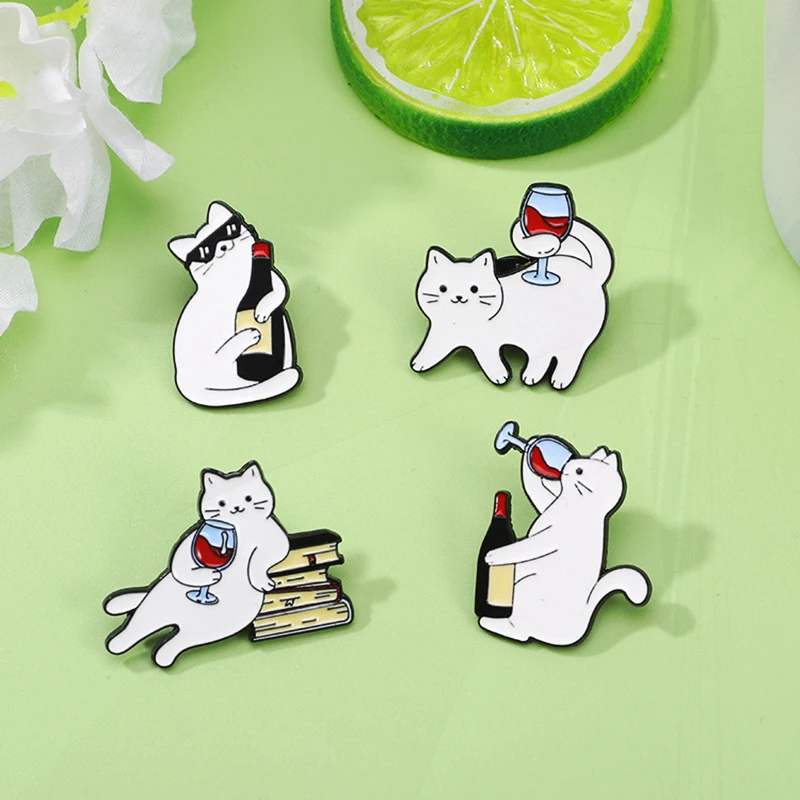 Book Sunglass Cute Whiskey White Cat Creative Animal Metal Badge Punk Lapel Brooch Jewelry Gift Cartoon Red Wine Cat Enamel Pin